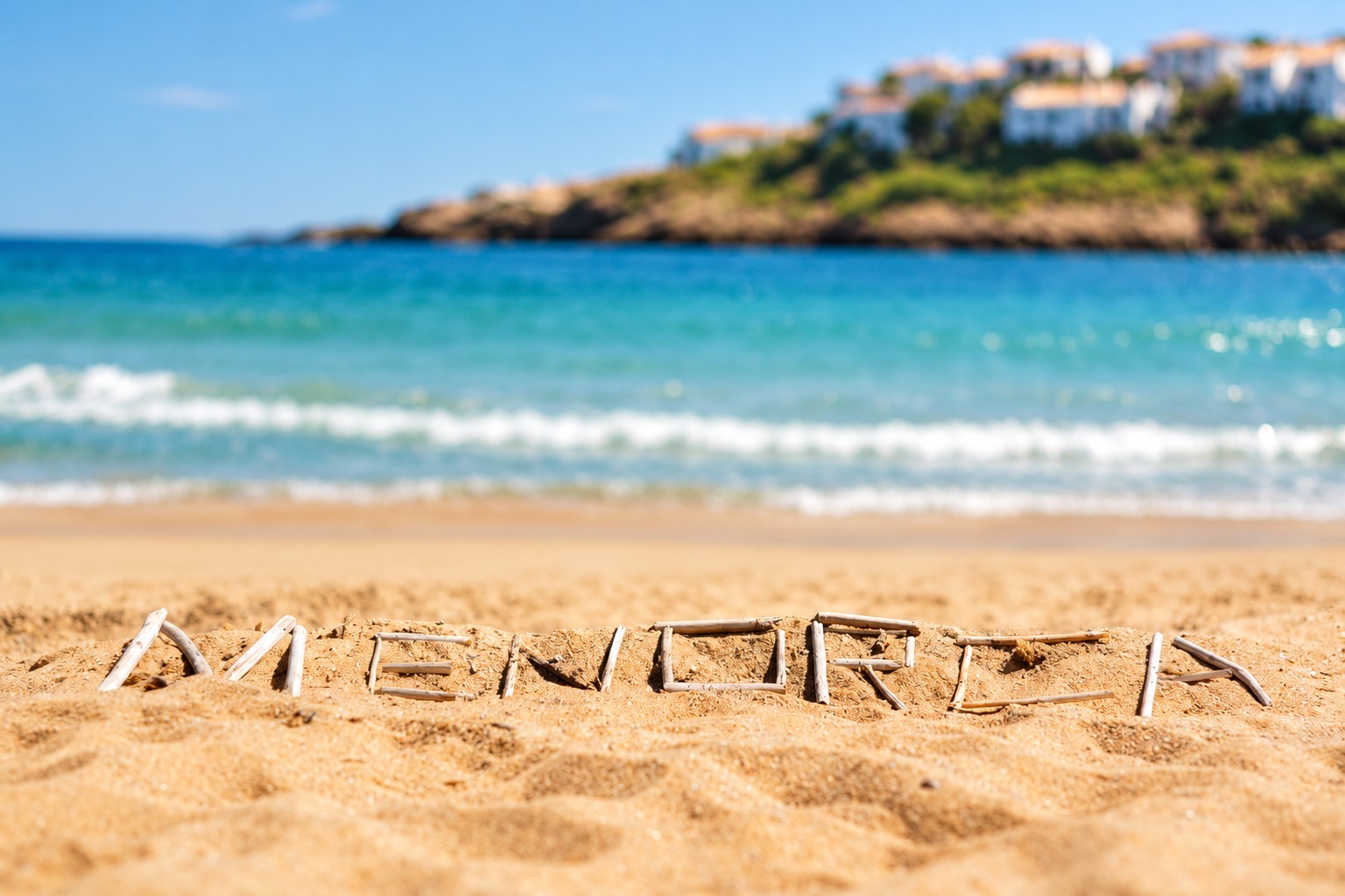 Menorca written in the sand by the turquoise sea